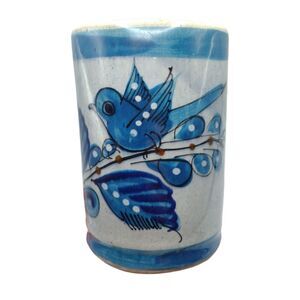 Vintage Art Pottery Coffee Mug Stein With Handle Blue Bird Tonala Mexico 4.5"
